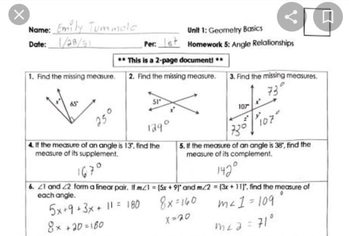 Unit 1 geometry basics test answer key