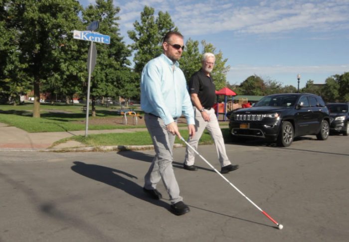 Pedestrians using guide dogs or white canes must